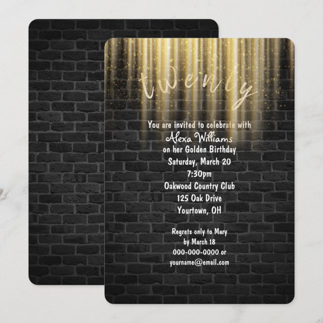 Golden Birthday sunbeams on brick Invitation (Front/Back)