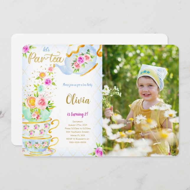 Golden Birthday Tea Party Photo Invitation (Devant / Derrière)