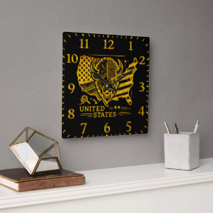 Golden Bison Illustration With USA Map and Flag Square Wall Clock
