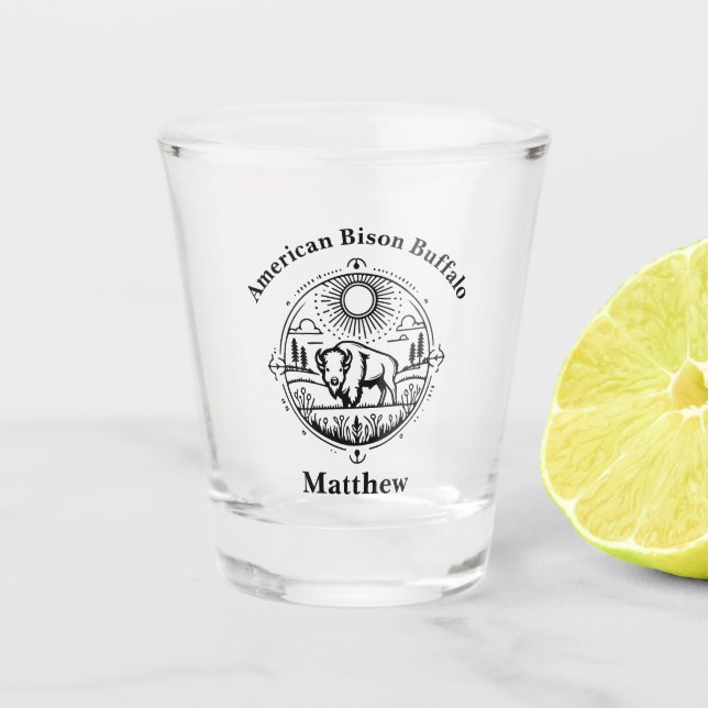 Golden Bison Standing in a Picturesque Landscape Shot Glass (Front)