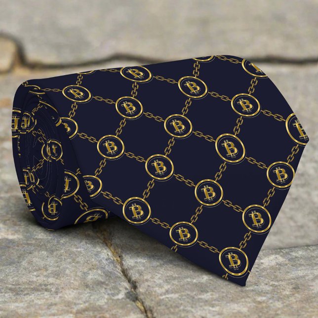 Golden Bitcoin Chains On Dark Blue Background Tie (Creator Uploaded)