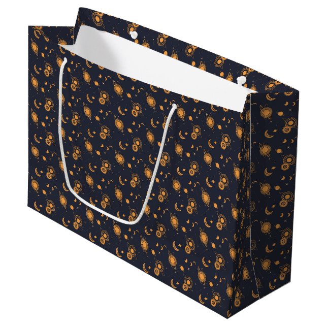 Golden black celestial sun moon galaxy pattern large gift bag (Front Angled)