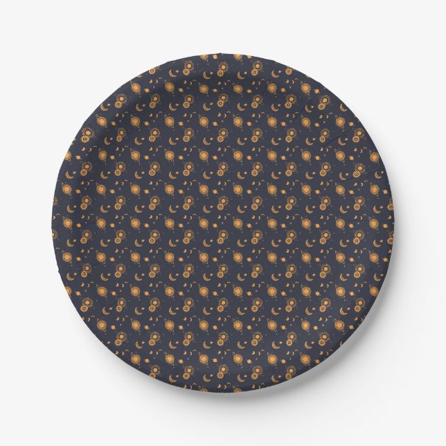 Golden black celestial sun moon galaxy pattern paper plate (Front)