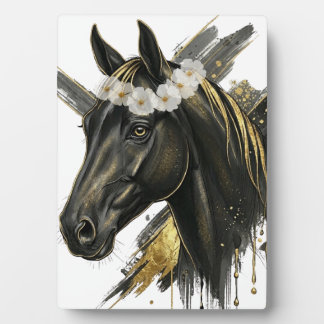 Golden Black Horse Floral Crown – Equine Art L Plaque