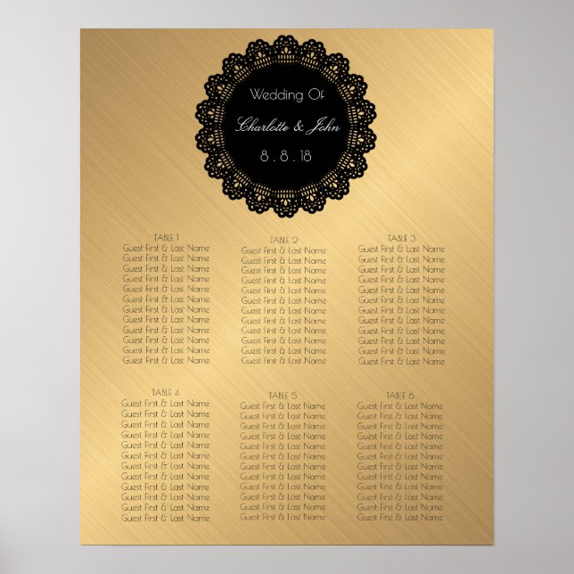 Golden Black Lace Circle Wedding Seating Chart (Front)