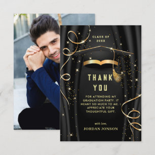 Golden Black Modern Graduation PHOTO Thank You Card