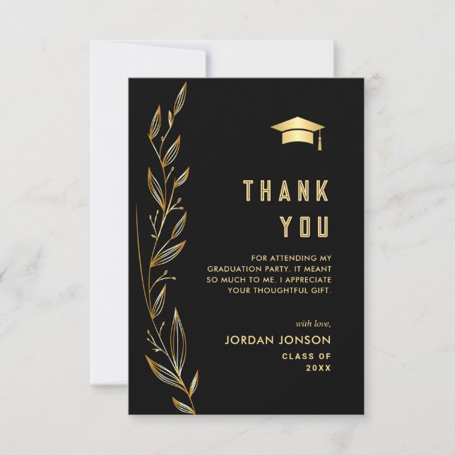 Golden Black Modern Graduation Thank You Card (Front)