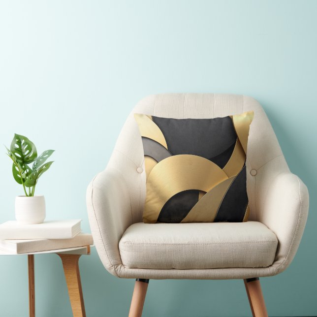 Golden & Black Overlapping Geometric Abstract Throw Pillow (Chair)