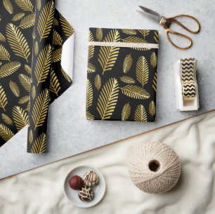 Golden Black Palm Leaf Pattern Wrapping Paper
