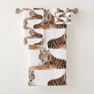 Golden & Black Tiger Animal White Design Bath Towel Set