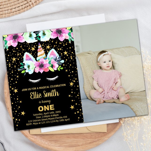 Golden Black Unicorn Anniversaire Invitations avec (Golden Black Unicorn Birthday Invitations w photo)