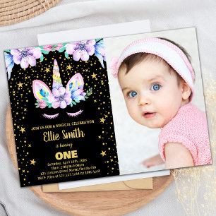 Golden Black Unicorn Birthday Invitations w photo
