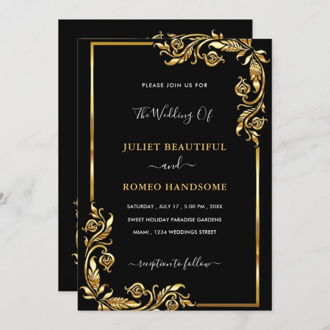 Golden Black Wedding Invitation Gold Leaves Frame (Front/Back)