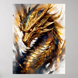 Golden Blaze: Abstract Dragon's Rage Poster