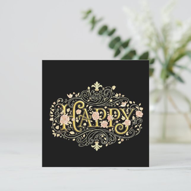 Golden Bliss: Elegant Floral Happy Invitation (Standing Front)