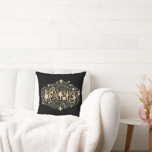 Golden Bliss: Elegant Floral Happy Throw Pillow