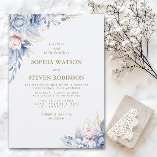 Golden Bloom: Blue & White Floral Wedding Invitation