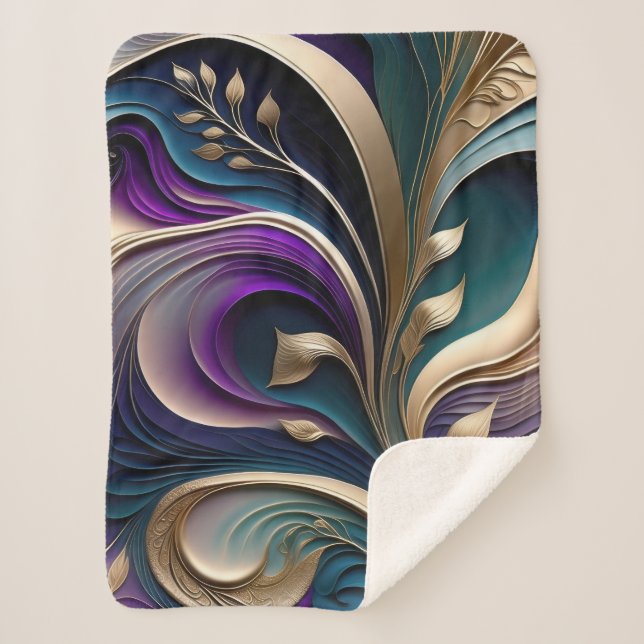 Golden Bloom - Deep Purple and Teal Abstract Flora Sherpa Blanket (Front)