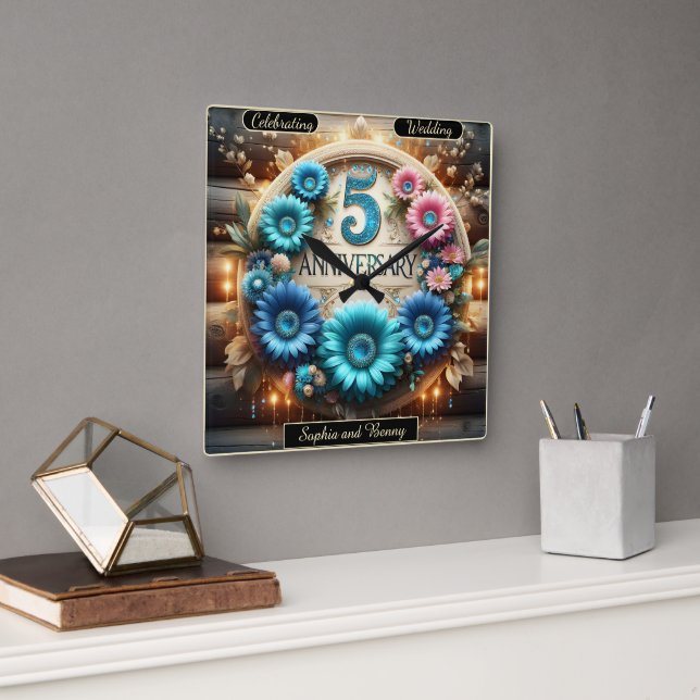 Golden Bloom: Fifth Anniversary Floral Circle Square Wall Clock (Office)