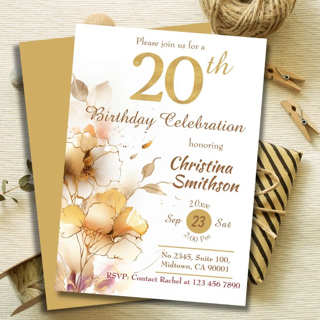 Golden Bloom - floral elegant modern 20th Birthday Invitation (Creator Uploaded)