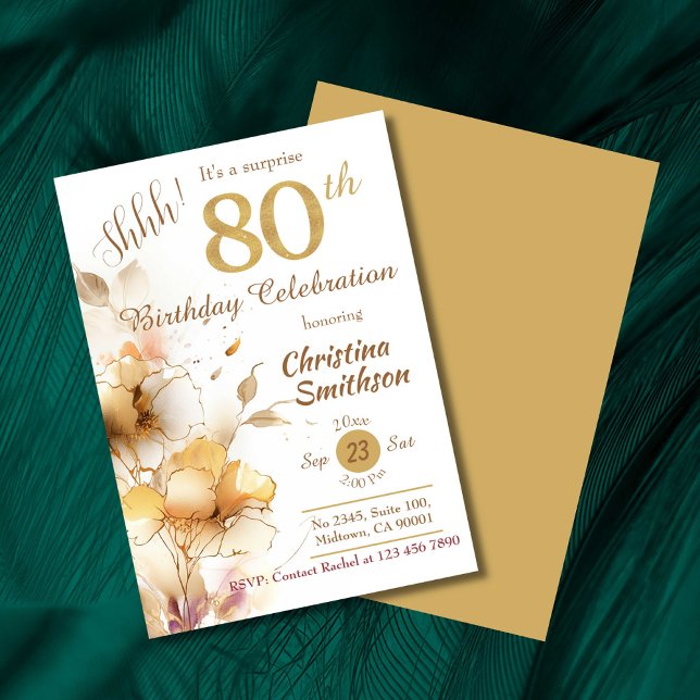 Golden bloom floral elegant surprise 80th Birthday Invitation (Creator Uploaded)