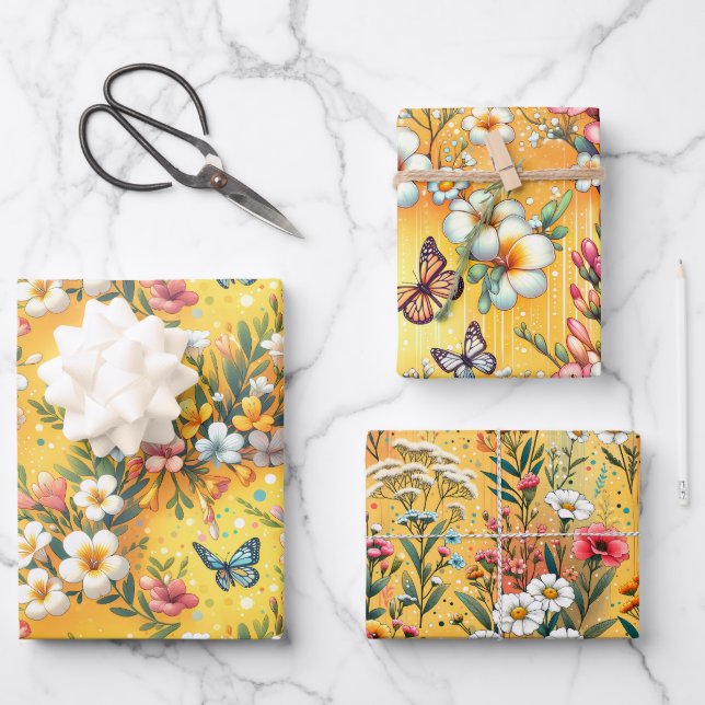 Golden Bloom Garden 3 Wrapping Paper Sheet (Front)