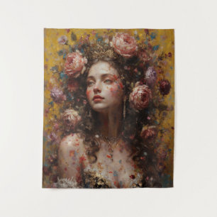 Golden Bloom Muse – Vertical Wall Tapestry