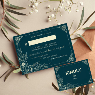 Golden Bloom Three 3 Meal Choice Wedding RSVP Card