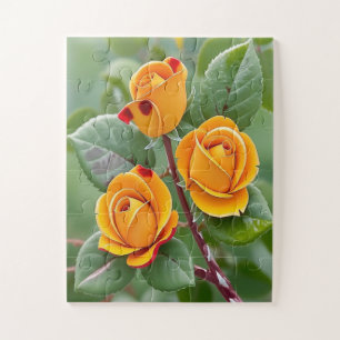 Golden Bloom Trio   Yellow Rose Botanical  Jigsaw Puzzle