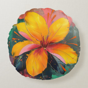 Golden Bloom – Vibrant Abstract Floral Expression Round Pillow