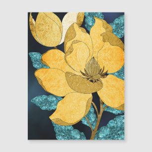 Golden Bloom with Teal Leaves Abstract Floral