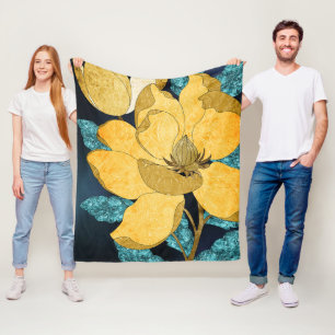 Golden Bloom with Teal Leaves Abstract Floral Fleece Blanket