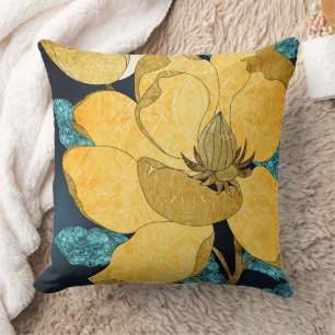 Golden Bloom with Teal Leaves Abstract Floral Throw Pillow