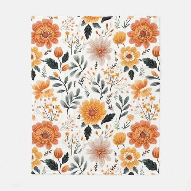 Golden Blooms Autumn Floral Pattern Fleece Blanket (Front)