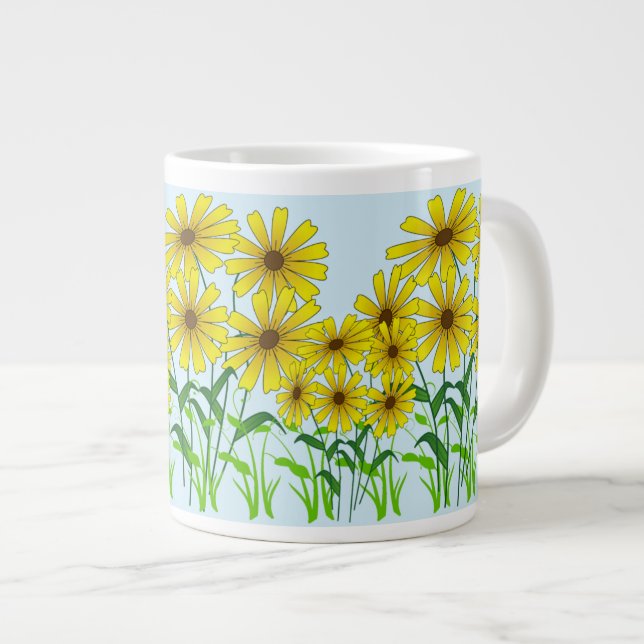 Golden Blooms: Yellow Flower and Green Grass Art Large Coffee Mug (Front Right)