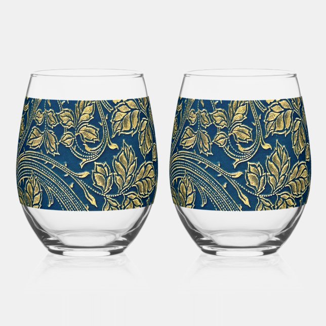 Golden Blossom Elegance  Stemless Wine Glass (Front)