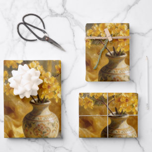 Golden Blossom Vase Wrapping Paper