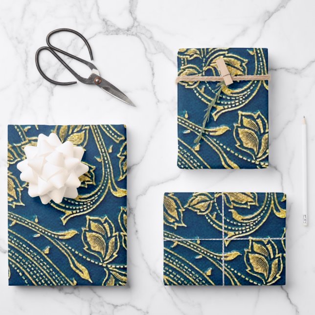 Golden Blossom Wrapping Paper Flat Sheet Set of 3 (Front)