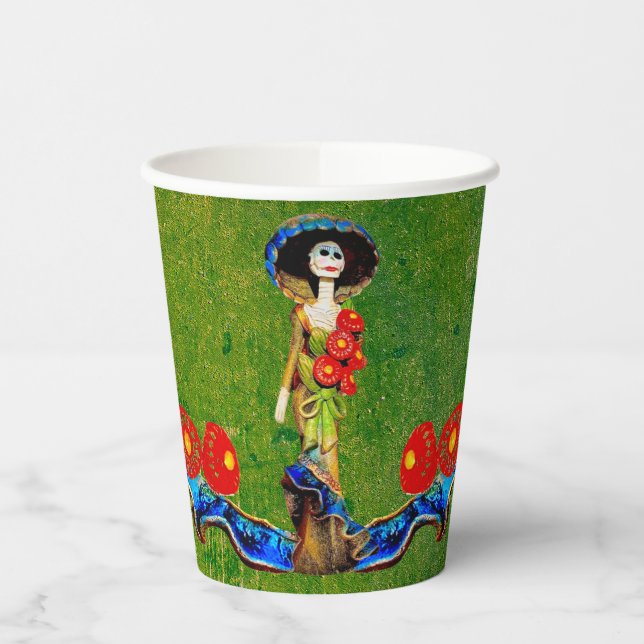 Golden Blue Antique Catrina Over Green Washed Boho Paper Cups (Left)