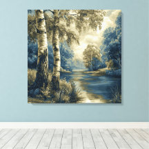 Golden Blue Birch Trees by the River Landscape