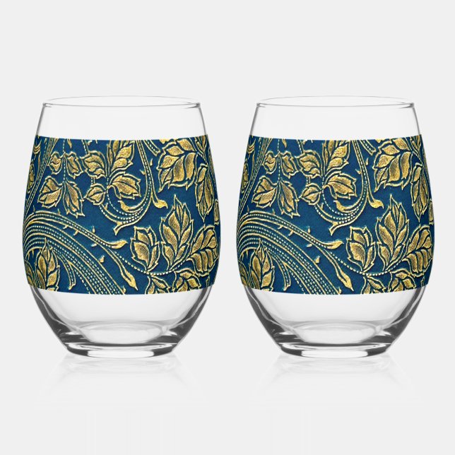 Golden Blue Elegance    Stemless Wine Glass (Front)
