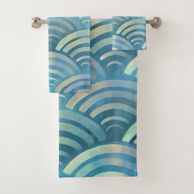 Golden Blue Fish Scales Pattern Bath Towel Set (Insitu)