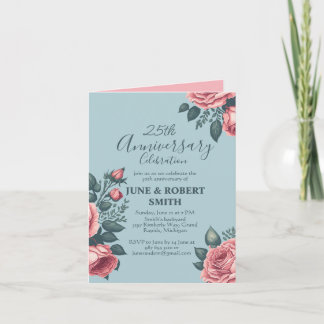 Golden Blue floral 25th wedding anniversary Invitation