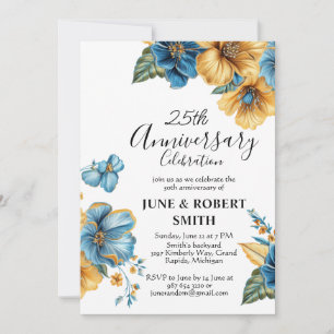 Golden Blue floral 25th wedding anniversary Invitation