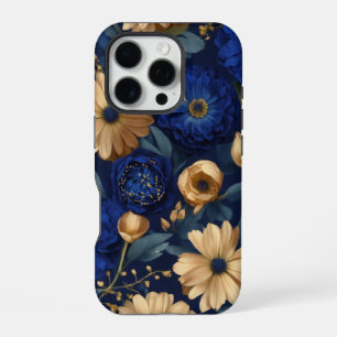 Golden & Blue Floral Opulence iPhone 16 Pro Case