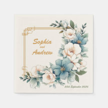 Golden Blue Flowers: Personalized Wedding Napkins