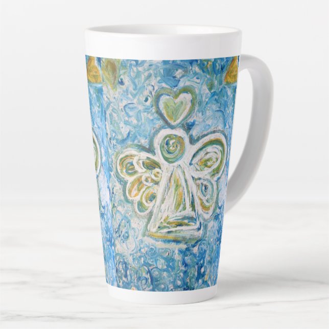 Golden Blue Guardian Angel Custom Latte Cup Mug (Right Angle)