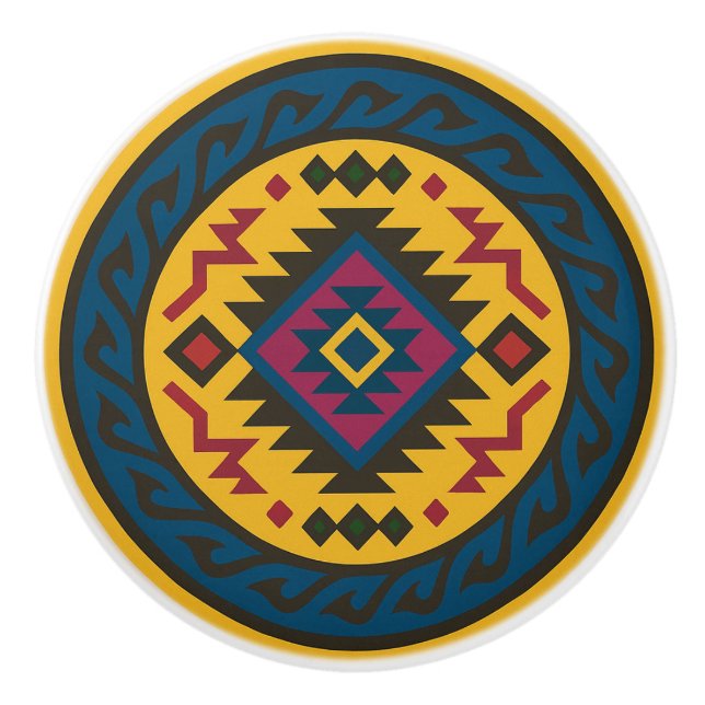 Golden Blue Magenta Diamond Zapotec Ceramic Knob (Front)