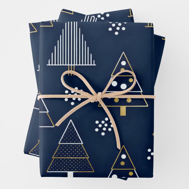 Golden Blue Pine Holiday Wrapping Paper Sheet (In situ)