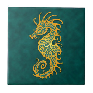 Golden Blue Tribal Seahorse Tile
